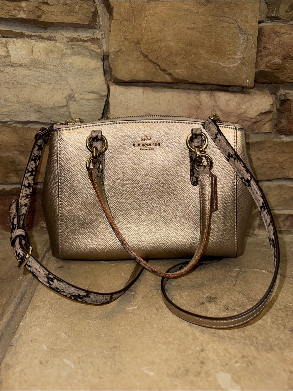 Coach Metallic Gold Crossbody with Snakeskin Printed Strap